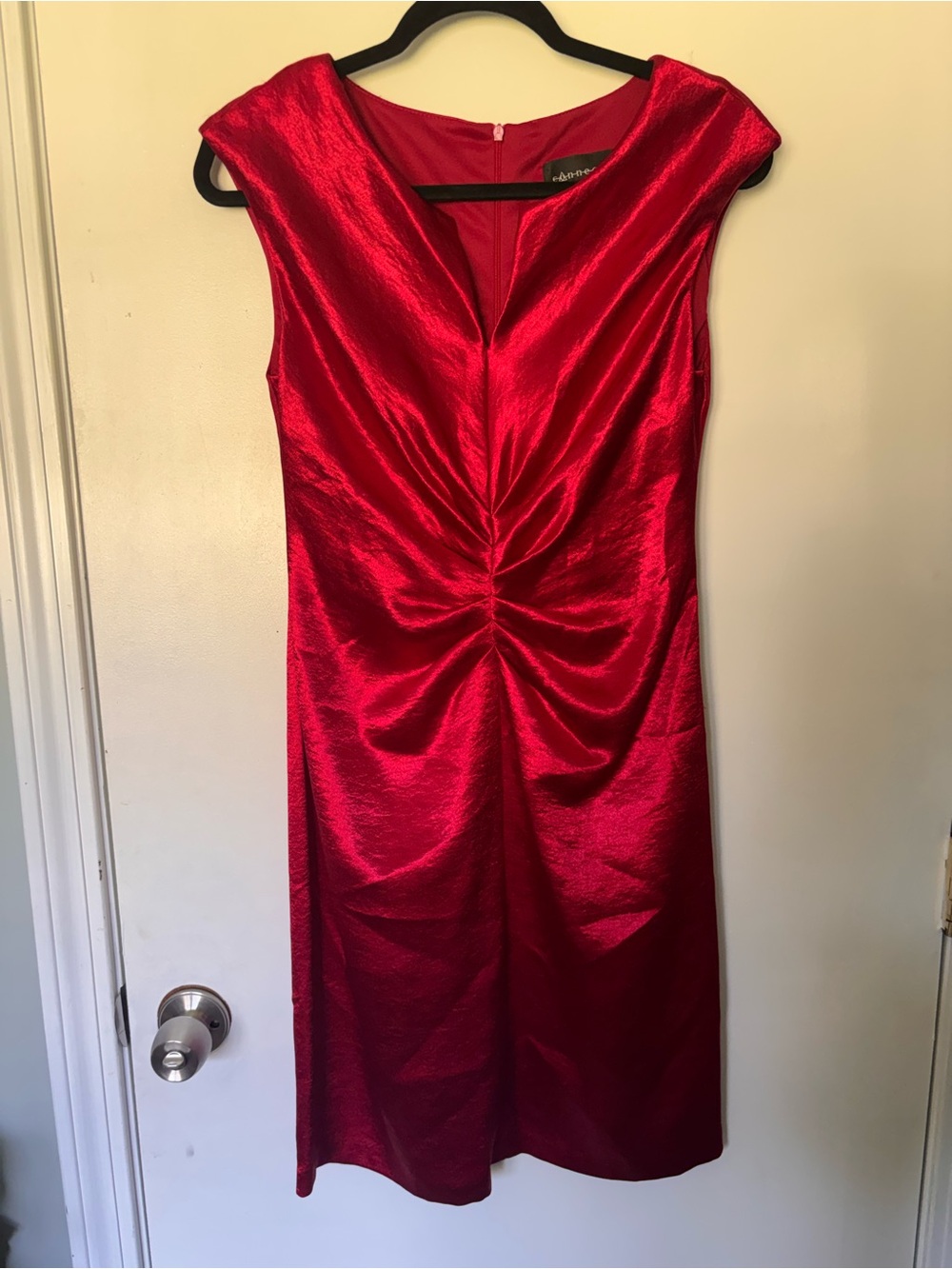 connected apparel Red Satin Ruched Midi Dress